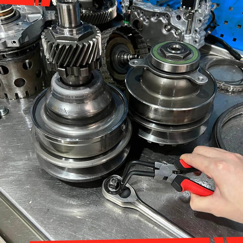 Hand using Pro Grade Internal Master Cylinder Snap Ring Pliers Long Reach 90 Degree Bent Nose on automotive parts