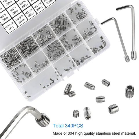 Massive 340 Piece Metric Hex Socket Head Cup Point Set Screw Kit M2.5 Through M8 With Allen Head Grub Screws Internal Hex Drive Headless Set Screws 304 Stainless Steel Includes 6 Hex Wrenches