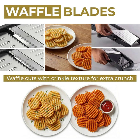 All In One Adjustable Mandoline Slicer With Built In Blades For Kitchen Prep Potato Cutter Veggie Chopper Cucumber Slicer And Julienne Options Includes Cut Resistant Gloves No Fuss Waffle Fry Cutter For Effortless Consistent Slicing showcasing waffle blade, crinkle cut fries on white plates with dip.