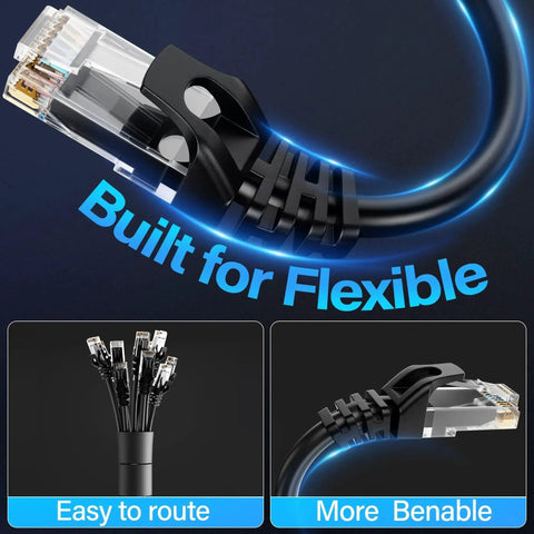 10Gbps Cat6 Ethernet Cable 75 Ft UTP Bare Copper Network Cable, flexible and easy to route, black with RJ45 connector, close-up view