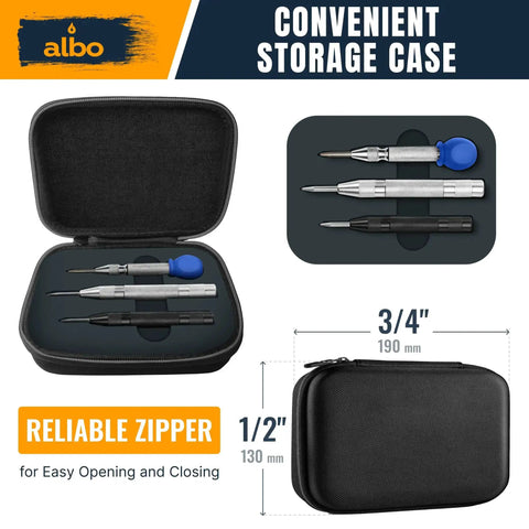 Automatic Center Punch Set with three spring-loaded tools in storage box, ideal for metal, wood, and steel; features galvanized and blackened options.
