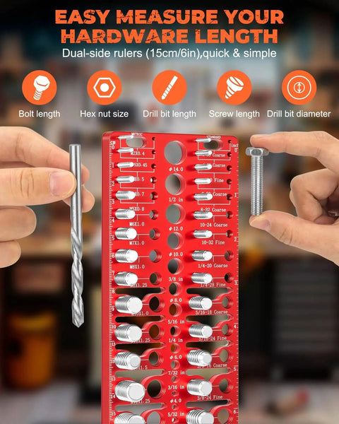 Close-up of 57 In 1 Nut And Bolt Thread Checker With 21 Standard And 17 Metric Thread Gauges and drill bit in workshop.