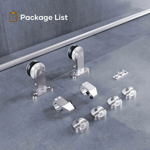 Six Foot Top Mount Stainless Steel Sliding Barn Door Hardware Track Kit components on a floor, including rollers and mounts.