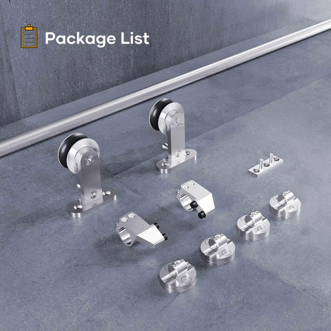 6.6 Foot Top Mount Stainless Steel Sliding Barn Door Hardware Track Kit components on concrete floor