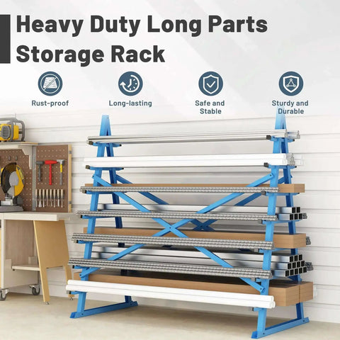 Heavy Duty 2000 Lbs Horizontal Storage Rack With 7 Tier Floor Standing Adjustable Lumber And Pipe Organizer For Garage Workshop Shed Basement Blue For Home And Shop, shown with various materials stored on it in a workshop.
