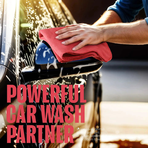 Cleaning car mirror with red cotton shop towel from Cotton Shop Towels 12x14 Inch 100 Pack Ultra Absorbent Reusable Rags