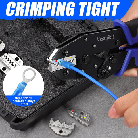 Six Piece Ratchet Crimp Tool Kit With Interchangeable Dies For Heat Shrink Insulated Nylon And Non Insulated Wires Wire Ferrules Open Barrel Terminals And Solar Connectors Pro Grade Durable Tooling For Clean Consistent Crimps in use with heat shrink connectors.