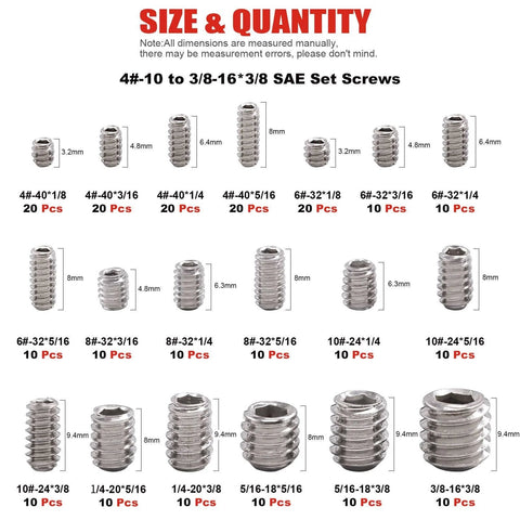 Detailed view of 240 Piece SAE Stainless Steel Hex Socket Set With 19 Sizes Internal Hex Drive Cup Point Grub Screws featuring various sizes.
