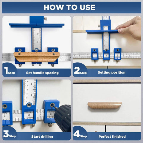 Step-by-step guide using Cabinet Hardware Jig For Handles, Knobs, And Pulls, Pro Grade Punch Locator Drill Guide Template