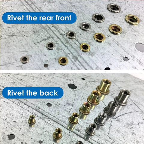 Installed rivet nuts from the Rivet Nut Tool Kit With 7 Mandrels And 455 Rivet Nuts, shown front and back on metal surface.