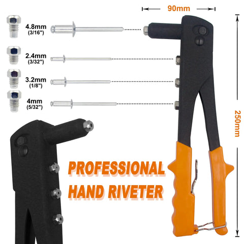 225 Piece Aluminum Blind Rivets Assortment Kit With Heavy Duty Hand Riveter Gun Tool 6 Sizes Pop Rivets For Metal Plastic And Auto Truck Repairs DIY Friendly Corrosion Resistant Aluminum Rivets And Steel Mandrel shown with Professional Hand Riveter.