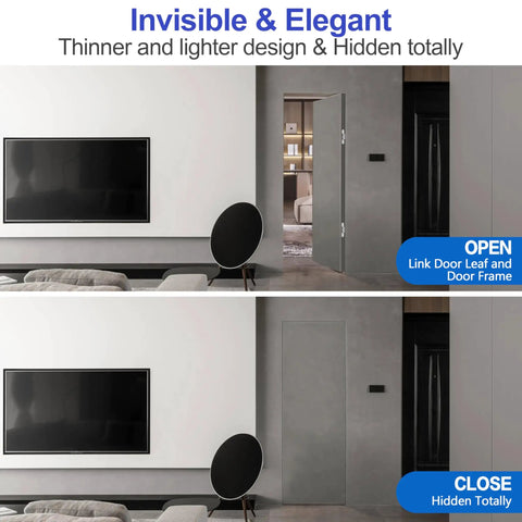 2 Pack 6 Inch Hidden Door Hinges For Doors Concealed Invisible Hinges With 180 Degree Swing Heavy Duty 3 Way Adjustable Silver XMZ DDUP Built To Last Durable Door Hardware For Residential And Commercial Use, shown in open and closed positions on a modern indoor door.