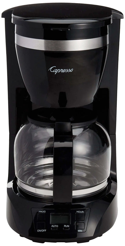 Front view of 12 Cup Drip Coffeemaker In Stainless Steel With Gold Tone Filter No Mess Paper Filters Programmable Brew Auto Start Keep Warm For 2 Hours And Auto Shutoff Drip Stop For Easy One Cup Pour.