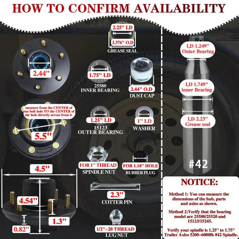 Diagram showing dimensions for a Heavy Duty Trailer Hub Kit 6 On 5.5 Inch For 5200 To 6000 Lbs Trailers, including bearings and seals.