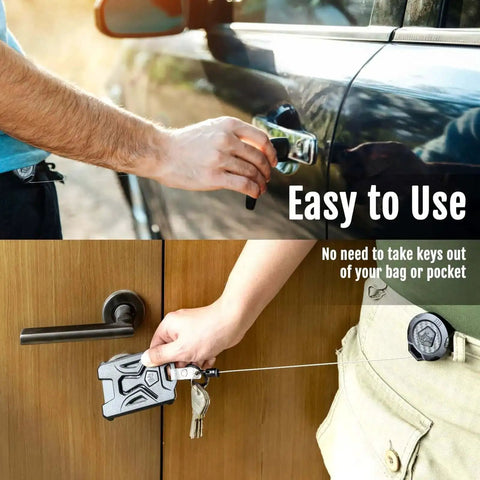 Two hands using the upgraded heavy duty retractable keychain with belt clip and 31.5-inch stainless steel cord to unlock doors