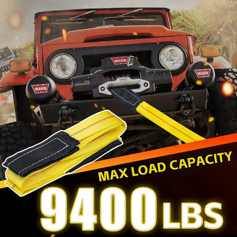 2-pack yellow lifting straps with black loop ends and red center stitching, 9400 lb capacity