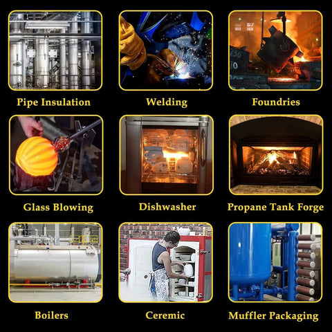 Collage showing uses for 32 Inch By 24 Inch By 1 Inch Ceramic Fiber Blanket Heavy Duty Fireproof Insulation Baffle with various industries.