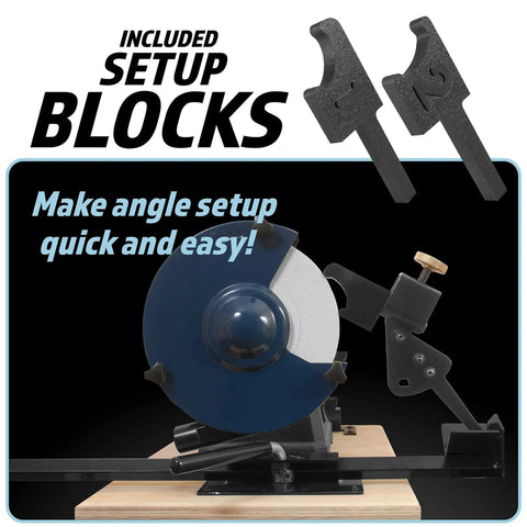 Versatile Multi Grind Lathe Tool Sharpening Jig With Setup Blocks For Bowl Gouges And Chisels with grinding wheel and setup blocks.