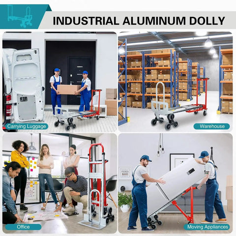 3 In 1 Convertible Aluminum Hand Truck Dolly With 1000 Lbs Capacity used in various settings including warehouse and office.
