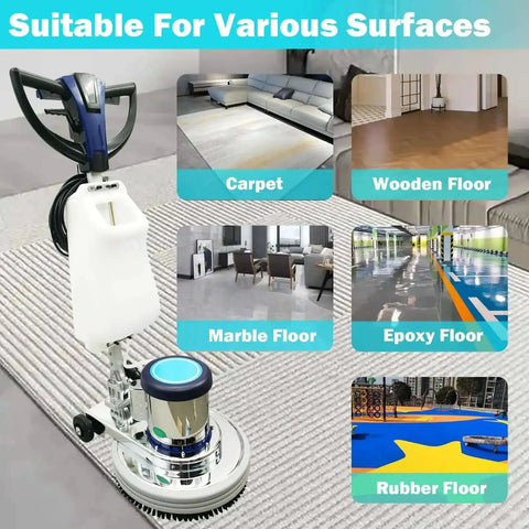 Heavy Duty Floor Polisher And Buffer For Commercial Use With 18 Inch Cleaning Head Three Brush Heads 175 RPM 3 Gallon Tank Ideal For Carpet Wood Epoxy And More Deep Cleaning And Polishing on various surfaces.