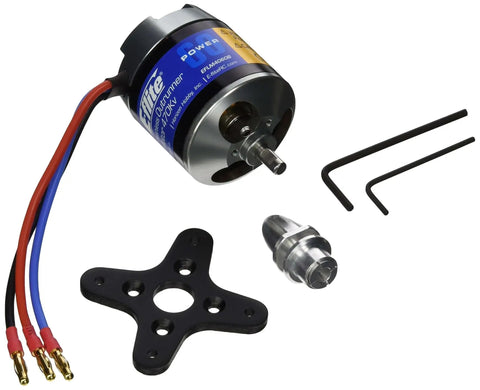 Beefy 60mm Brushless Outrunner Motor With 470Kv For 6 To 12 Pound RC Airplanes, includes mount and prop adapter, side view.