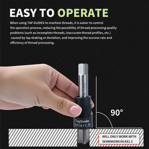 Hand holding TapGuide M14x1.5 from M14X1.5 Thread Repair Kit with Stainless Steel Inserts Ten Pieces Includes Drill Tap Counterbore Install Driver And Guides In An EVA Box For Durable Pro Grade Metal Thread Restoration.