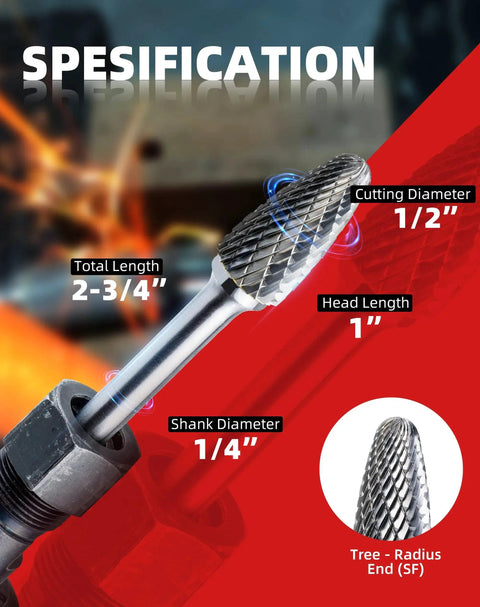 Close-up of a Pro Grade 5 Piece Tungsten Carbide Burr Set With One Quarter Inch Shank For Rotary Tools Double Cut Bits For Metalworking Deburring Grinding Carving And Polishing In Aluminum Storage Box EZARC showing dimensions and details.