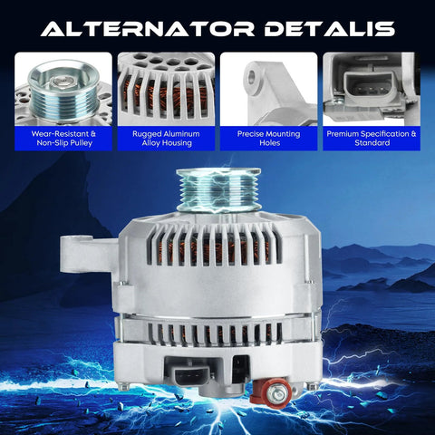 130 Amp High Output Alternator Replacement For F Series Expedition Excursion E Series Mustang Thunderbird 4.6L 5.4L Engines 1995 To 2005 Direct Fit For Beefed Up Heavy Duty Trucks No Modifications Needed Easy Install showcasing rugged aluminum housing and precise mounting holes.