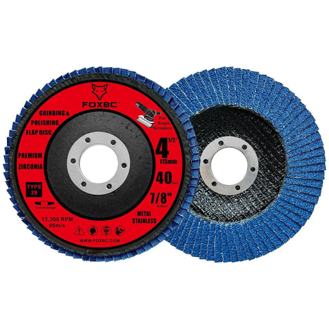Pro Grade Heavy Duty Four And A Half Inch Conical Type 29 Flap Disc 40 Grit For Angle Grinder Zirconium Grinding And Polishing Metal And Stainless Steel 10 Pack FOXBC, front and back view of discs showing size and specifications