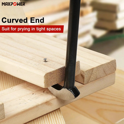 Three Piece Rolling Head Pry Bar Set With 6, 12 And 16 Inch Overall Lengths used for prying wood apart in tight spaces.