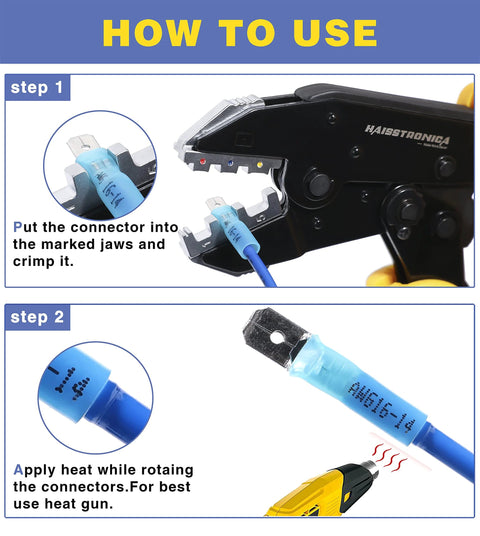 Haisstronica heat shrink spade connectors kit, 260 pcs with blue male and female terminals; crimp tool and heat gun shown.