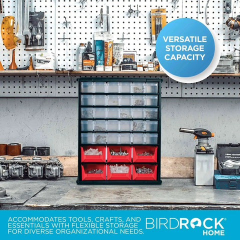 36 Drawer Craft Organizer Bin Heavy Duty Metal Hardware Storage For Nails Nuts Bolts Legos And Small Parts Versatile Parts Bin Organizer With Mini And Large Drawers For Home Workshop Garage on a workbench in a garage.