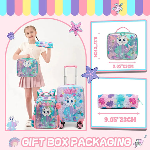 Girl holding Kids Luggage Set 5 Piece 16 Inch Hard Shell Suitcases with Spinner Wheels for Girls Travel Approved Carry On Luggage Gift Pack