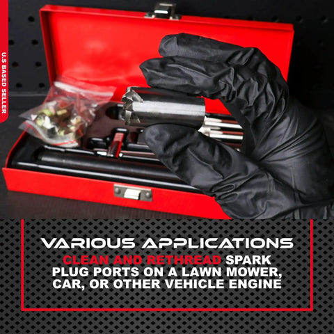 Gloved hand holding tool from Spark Plug Thread Repair Kit For 14mm Metric Ports With Rethreading Taps Inserts And Reamer