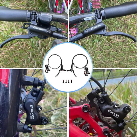 Z00M HB876 4-piston hydraulic disc brake set; MTB lever, dual calipers, and mounting hardware collage.