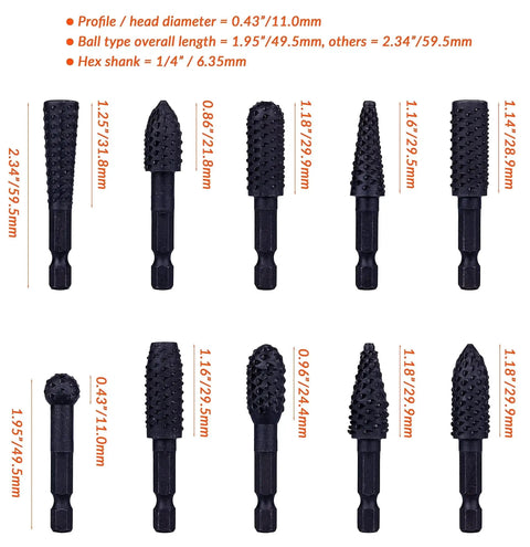 Ten-piece rotary burr set with various profiles and 1/4 inch hex shank for wood carving, Pro Grade 10-Piece Rotary Burr Wood Carving Rasp Files Set With One Quarter Inch Hex Shank For Wood Deburring, Shaping And Grooving NordWolf High Carbon Steel Construction For Tight, Precise Work, shown from front view.