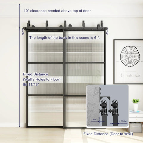 Bypass Glass Barn Door Kit With Double 6-Foot Hardware, 72 By 84 Inch Sliding Door Set in Reeded Glass, Black Carbon Steel Frame