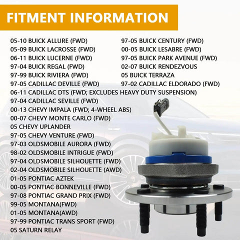 Fitment chart for 2pc Front & Rear Wheel Hub Bearing Assembly for 2000-2013 Chevy Impala and related models, ABS sensor