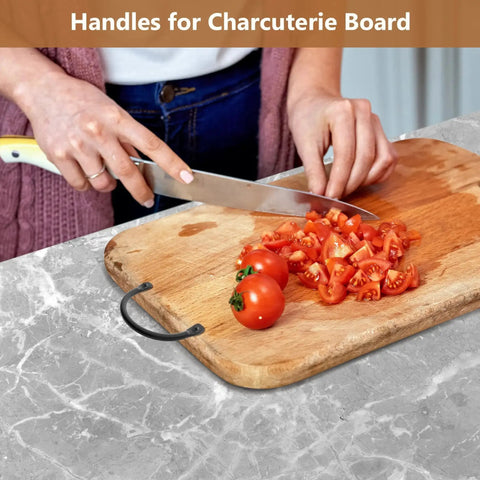 Chopping tomatoes on wooden board with metal rustic curved tray handles pack of 4 for serving trays cutting boards charcuterie boards.