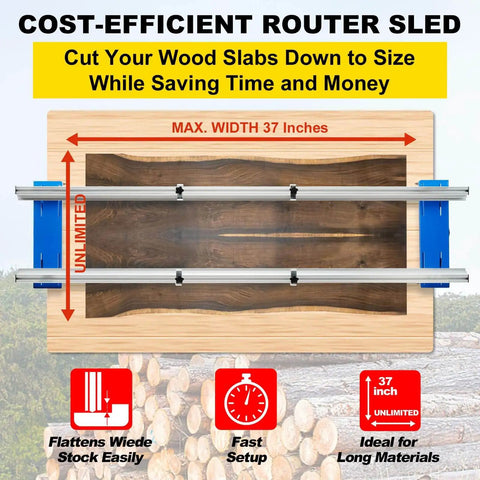 Portable 48 Inch Router Sled For Wood Slabs Adjustable Slab Flattening Jig For DIY Woodworking And Home Projects Pro Grade Build Slabs Up To 37 Inches Wide Flatten Live Edge Slabs With Precision And Speed. Image shows a top-down view of router sled over a wood slab with maximum width 37 inches displayed.