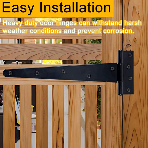 Heavy Duty 12 Inch T Strap Hinges 4 Pack With Screws Rustproof Metal Installed on Wooden Gate
