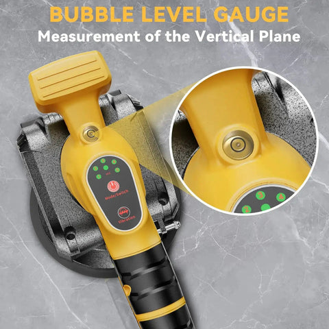 Close-up of Cordless Tile Vibration Tool with 5 speed settings, 20V battery compatible, showing bubble level gauge and lock design