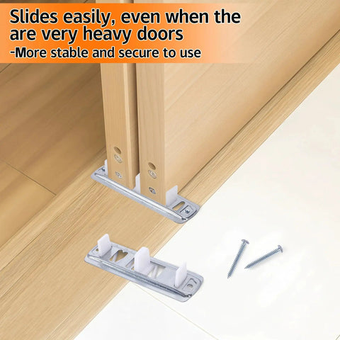 Sliding Closet Door Roller Kit With Slide Track For Top Hung Wardrobe Doors, 10 Pcs Set Including 4 Front Rollers, 4 Rear Rollers, 2 Tracks And 12 Screws, Silent Operation, Easy Installation And Replacement Hardware, shown installed on wooden doors with screws nearby.
