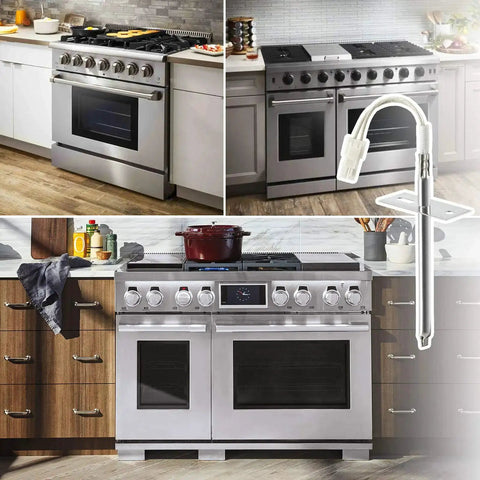 Stainless steel upgraded temperature sensor probe next to Samsung and LG range ovens in a kitchen. Fits EBG61305805 DG32-00002A.