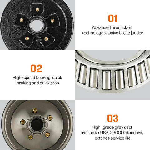Aeagle 5 trailer drum brake kit on 4.5-inch bolt circle; self-adjusting brakes, bearings, and gray cast-iron hub components
