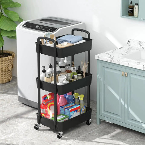3 Tier Plastic Rolling Utility Cart With Handle For Office Kitchen And Living Room, Multifunctional Storage Trolley On Wheels, in laundry room