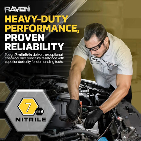 Mechanic wearing Powder Free Nitrile Gloves 7 Mil Textured Grip Puncture Resistant For Automotive while working on an engine.