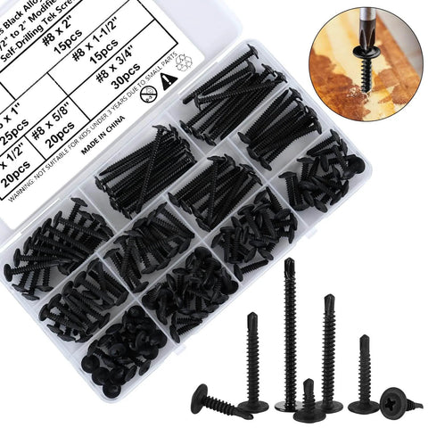 Pro Grade Self Drilling Screws Kit For Metal And Sheet Metal 140 Pcs Black TEK Self Tapping Deck Screws in storage box