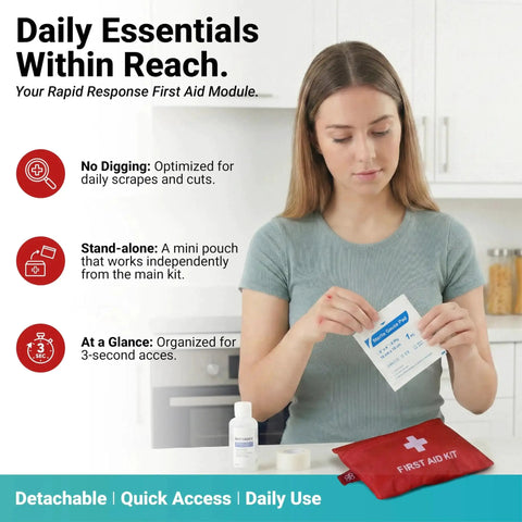 Woman using 556 Piece Premium Large First Aid Kit for Home Office Travel and Sports with Labeled Compartments and Molle Tactical Rip Away Design