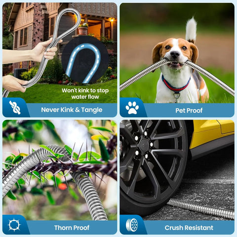 Garden hose 100ft with metal coil and leak-proof connectors; front view
Garden hose 100ft pet-proof design shown with a dog; durable metal connectors
Garden hose 100ft thorn-proof close-up near thorns; flexible metal coil
Garden hose 100ft crush-resistant near car tire; rugged metal connectors